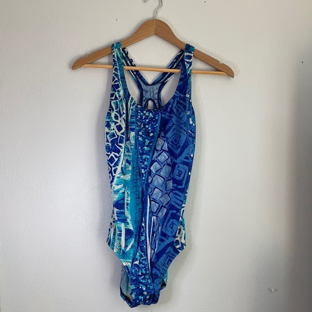 Speedo one piece swim suit aqua and blue